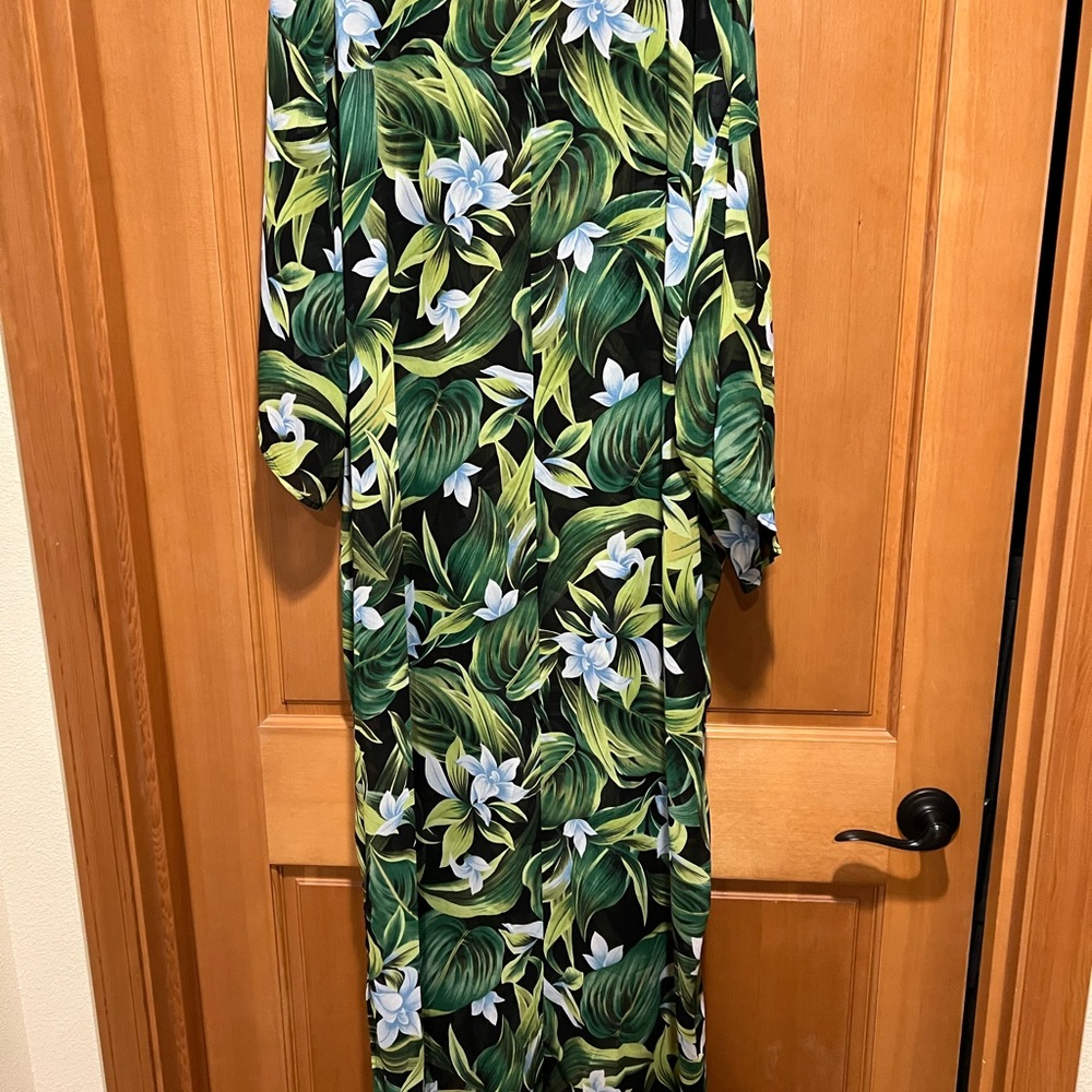Roaman's Green and Black Floral Sheer Maxi Kaftan Dress or Swim Cover-Up - Picture 3 of 6